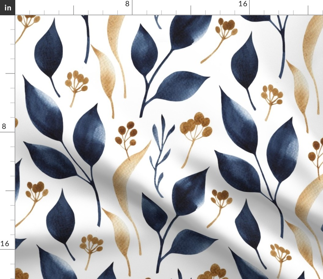 blue and beige watercolor leaves