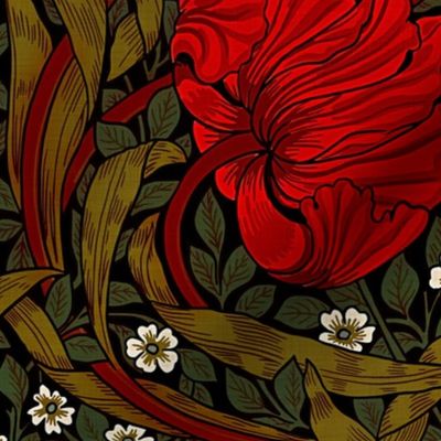 Pimpernel - LARGE - historic reconstructed damask wallpaper by William Morris - black sage antiqued restored reconstruction  art nouveau art deco background - ArtsandCraftsMovementSF - Lineneffect 