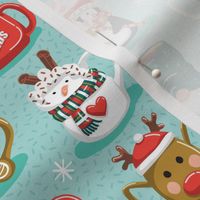 Small scale // Merry and warm holiday mugs // aqua background neon red mustard and pine green cozy and cute Christmas cup drinks hot cocoa chocolate 