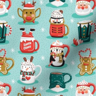 Small scale // Merry and warm holiday mugs // aqua background neon red mustard and pine green cozy and cute Christmas cup drinks hot cocoa chocolate 