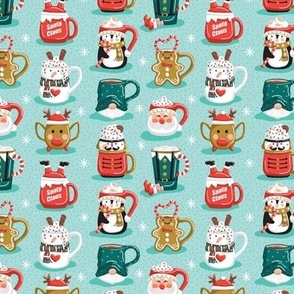Tiny scale // Merry and warm holiday mugs // aqua background neon red mustard and pine green cozy and cute Christmas cup drinks hot cocoa chocolate 