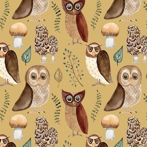 Owls and morel in yellow
