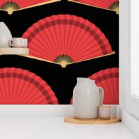 Jumbo Chinese Red Splayed Fans on Black
