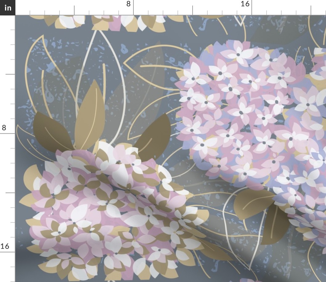 Tea Towel - Pantone Stylised Hydrangea - Pink, Lilac, Green & Indigo Blue