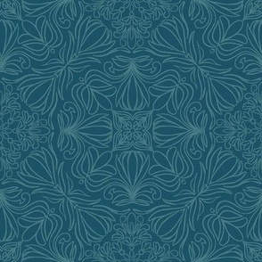 Monochromatic Floral Block Print Tile - Blue coral 