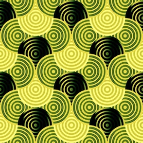 cercles bicolores entrelacés en jaune vert bouteille et noir