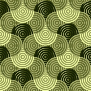 cercles bicolores entrelacés en verts kaki, tilleul et sauge