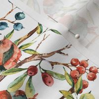Cute watercolor bird with berries on white