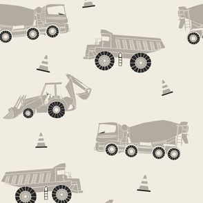large scale // construction trucks - cloudy silver taupe grey_ creamy white_ raisin black - kids bedroom