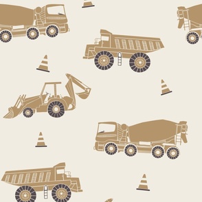 large scale // construction trucks - creamy white_ lion gold mustard_ purple brown - kids bedroom