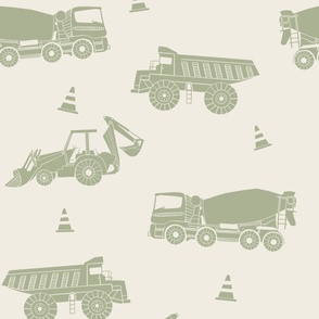 large scale // construction trucks - creamy white_ light sage green - kids bedroom