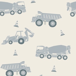 large scale // construction trucks - creamy white_ french grey_ marble blue - kids bedroom