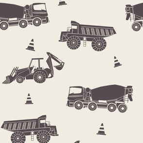 large scale // construction trucks - creamy white_ purple brown - kids bedroom