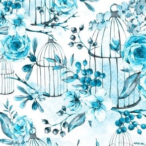 Vintage blue cage with flowers on white