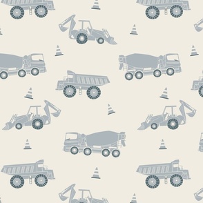 medium scale // construction trucks - creamy white_ french grey_ marble blue - kids bedroom