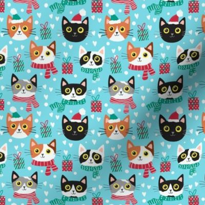 Cute Christmas cat faces blue Christmas xmas fabric WB22 xs scale