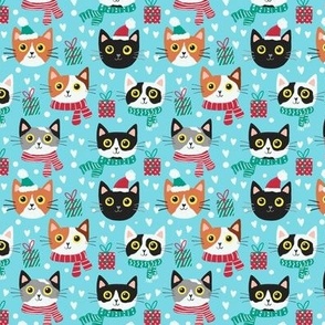 Cute Christmas cat faces blue Christmas xmas fabric WB22 xs scale