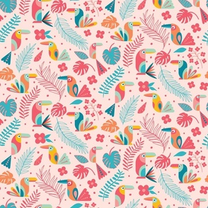 Small // Cute Tropical Birds in cheerful colors, orange, pink, teal, radiant red