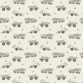 small scale // construction trucks - cloudy silver taupe grey_ creamy white_ raisin black - kids bedroom