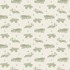 small scale // construction trucks - creamy white_ light sage green - kids bedroom
