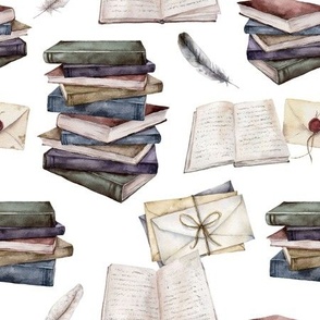 Vintage books and envelopes watercolor pattern