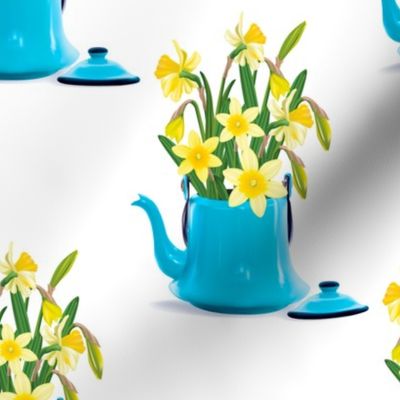 Vintage Tin Kettle With Daffodils