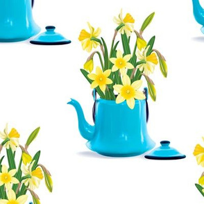 Vintage Tin Kettle With Daffodils