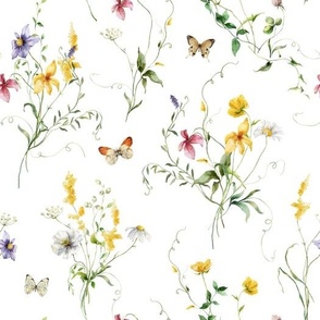 Watercolor wildflower surface design with summer white, yellow and pink, violet flowers and herbs