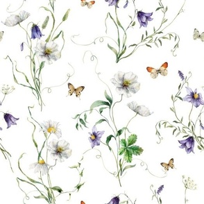 Watercolor wildflower surface design with summer white and violet flowers and herbs