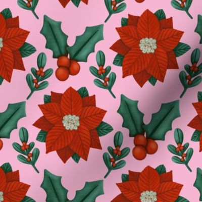 Poinsettia and mistletoe- Christmas time - Pink background