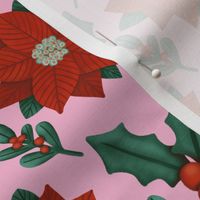 Poinsettia and mistletoe- Christmas time - Pink background