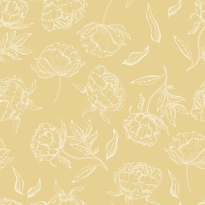 Vintage Modern Peony Sketch Botanical in Soft Mustard and Cream