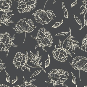 Vintage Modern Peony Sketch in Charcoal Grey and Cream