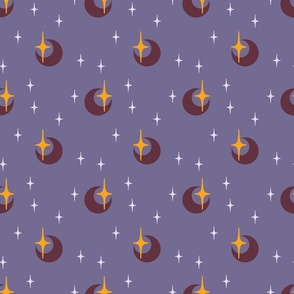 Modern Maroon Crescent Moon, Golden Stars, and Lavender Sky: Directional