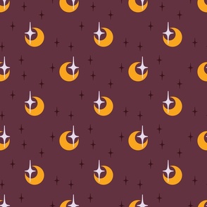 Modern Burgundy Sky With Golden Crescent Moons, and White Stars: Non-Directional