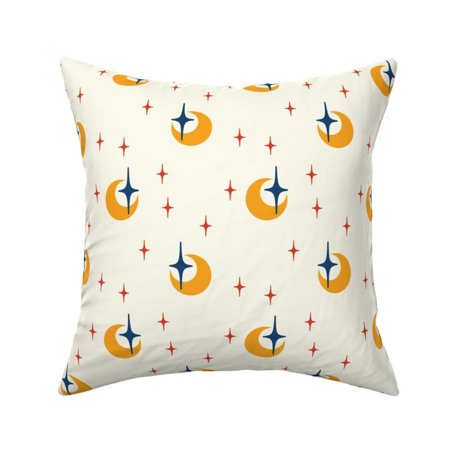 Modern Golden Crescent Moons with Navy and Scarlet Stars: Directional