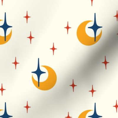 Modern Golden Crescent Moons with Navy and Scarlet Stars: Directional