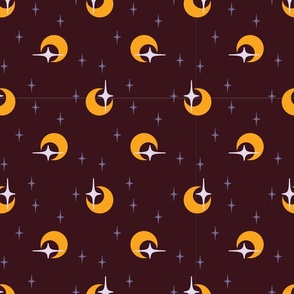 Modern Witchy Golden Crescent Moon, Lavender Stars, and Maroon Sky: Non-Directional