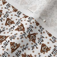 Winter time cute little shit brown poop with text on white background with brown polka dots