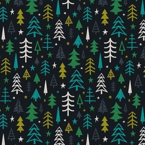 O Christmas Trees & Stars - Bold Teal & Charcoal - Festive Holiday Fabric by Heavens to Betsy