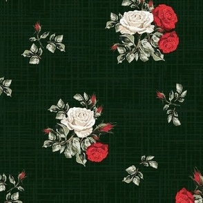 Dark Green Vintage Florals, Romantic Posy of Roses, Scattered Red and White Flowers on Linen Texture