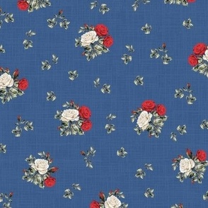 Blue Red and White Modern Vintage Florals, Playful Posy of Roses, Scattered on Navy Blue Linen Texture