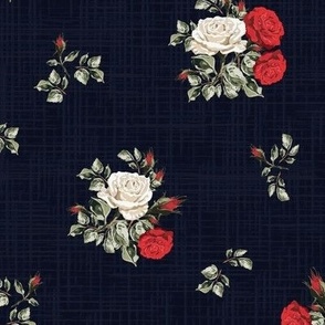Midnight Blue Vintage Florals, Pretty Posy of Roses, Scattered Red and White Flowers on Linen Texture