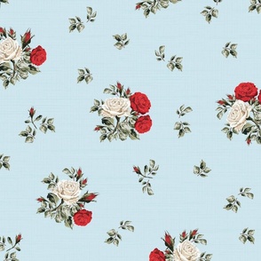 Sweet Vintage Blue Floral Pattern, Pretty Posy of Roses, Scattered White and Red Flowers on Linen Texture