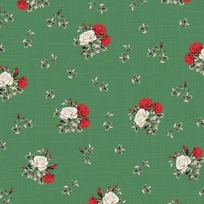 Green Vintage Floral, Small Posy of Roses, Scattered White and Red Flowers on Green Linen Texture