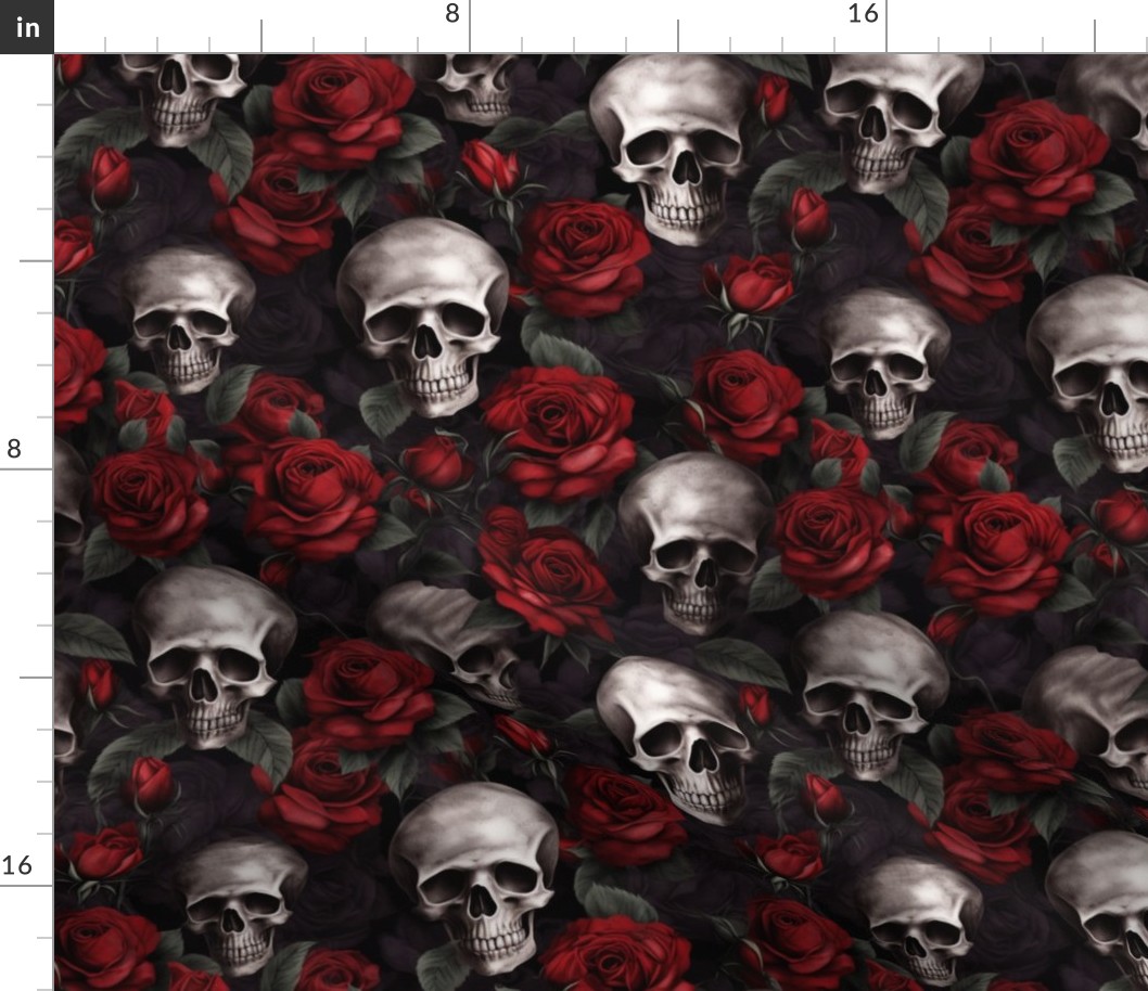 Skulls Surrounded by Red and Black Roses