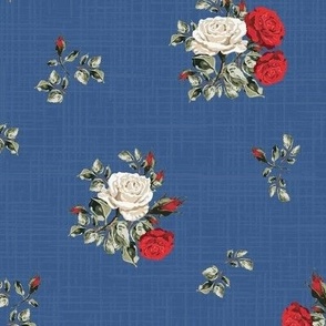Modern Vintage Florals, Pretty Posy of Roses, Scattered White and Red Flowers on Blue Linen Texture