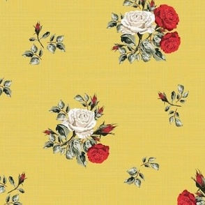 Vintage Summer Floral Pattern of Red and White Roses, Cottage Garden Posy of Flowers on Lemon Yellow Linen Texture