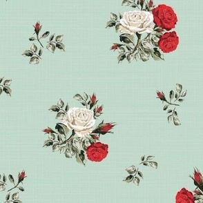 Summer Vintage Florals, Elegant Posy of Roses, Scattered White and Red Flowers on Soft Muted Teal Linen Texture