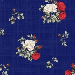 Midnight Blue Linen Texture, Modern Vintage Florals, Pretty Posy of Roses, Scattered White and Red Flowers